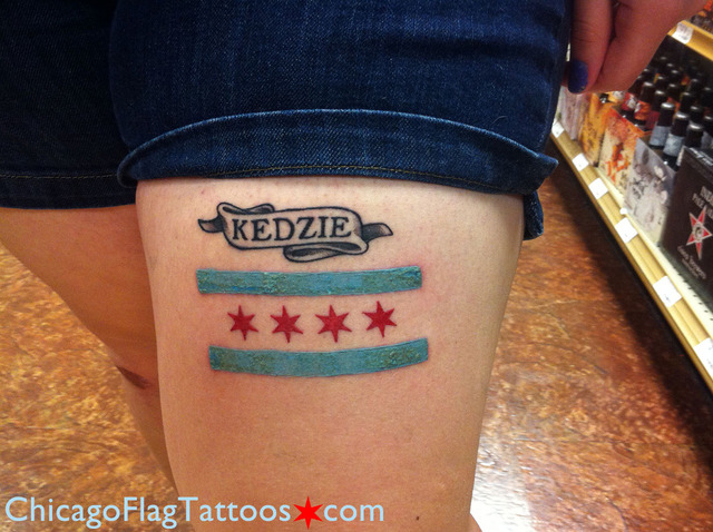 Curly-Chicago flag tattoo closeup