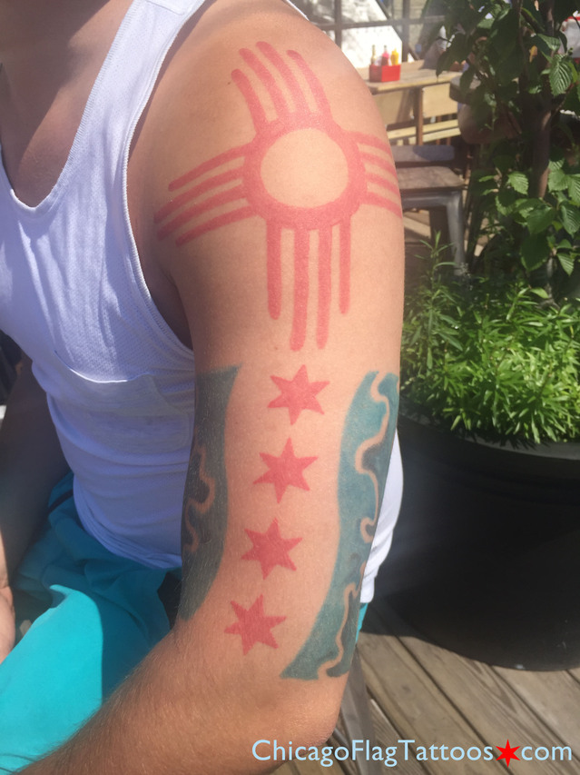 Chris Chicago Flag and New Mexico Sun tattoo